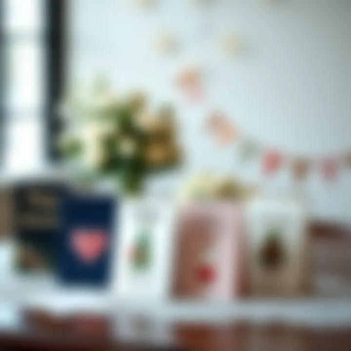 An elegant display of various themed anniversary cards on a table