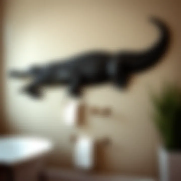 Tastefully designed alligator wall art creating focal point in bathroom