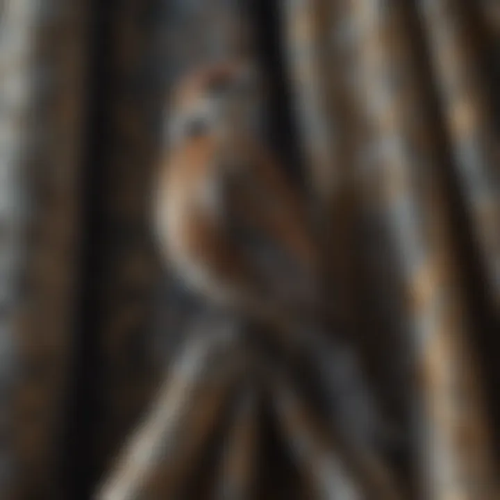 Close-up view of intricate bird patterns on fabric