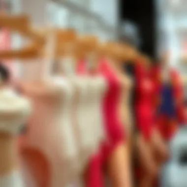 Diverse styles of strapless bathing suits displayed in a boutique