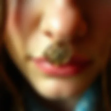 Close-up of a decorative fake nose septum adorned with intricate patterns.