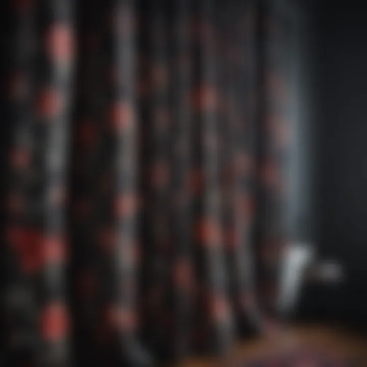 Different fabric types for black floral shower curtains displayed