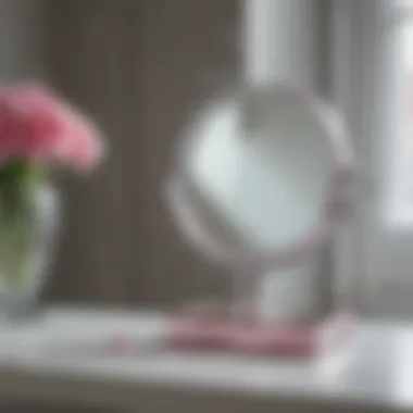 A stylish acrylic makeup mirror placed elegantly on a vanity table