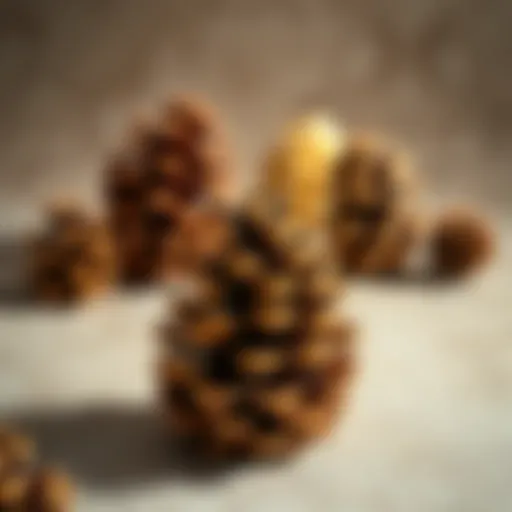 Artistic display of artificial pine cones as fashion accessories on a textured background