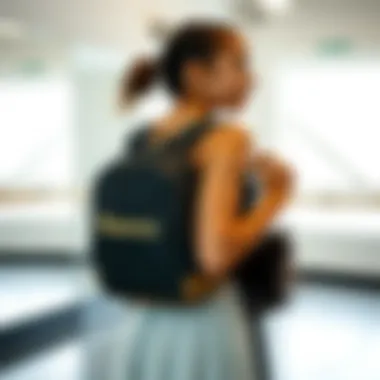 A dancer with a personalized backpack at a dance studio