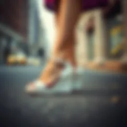 Elegant white wedges with low heels on a street