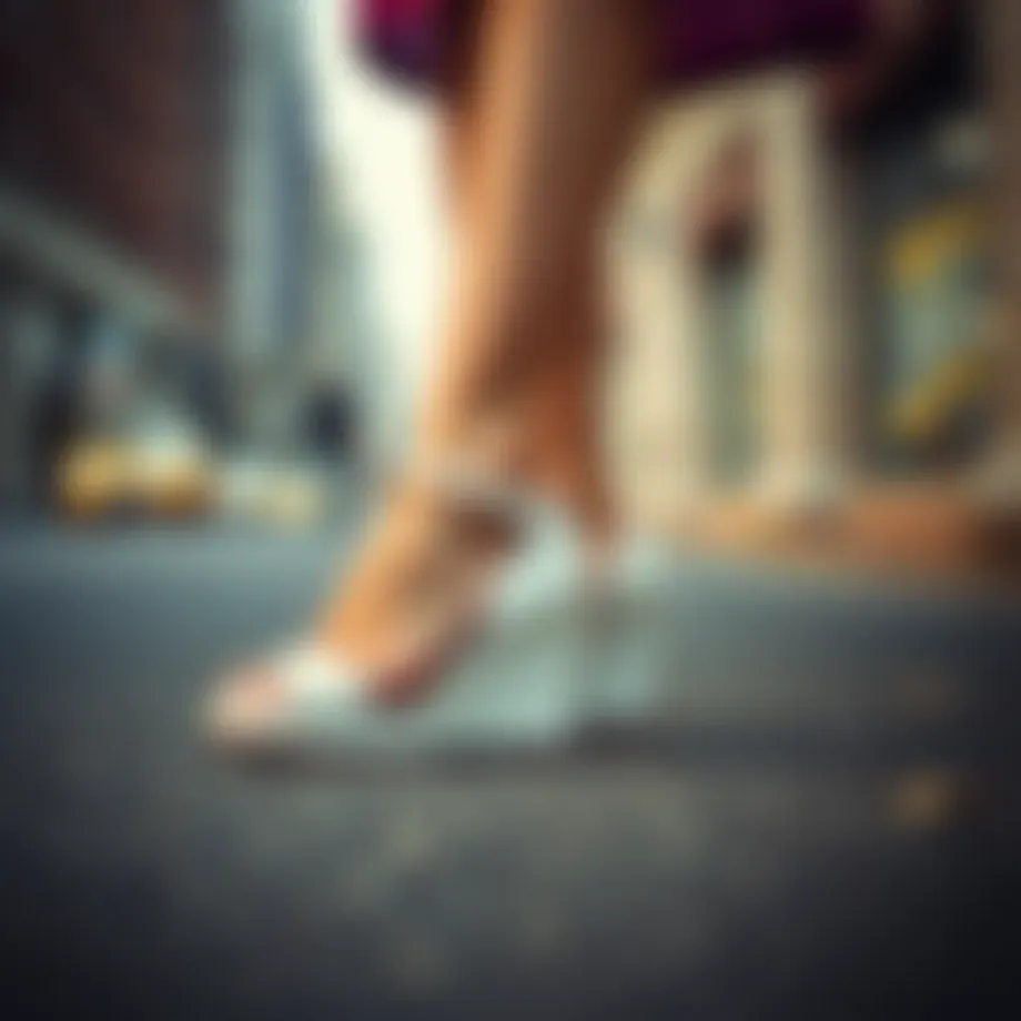 Elegant white wedges with low heels on a street