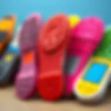 Close-up of colorful shoe sole stickers showcasing various designs and textures.