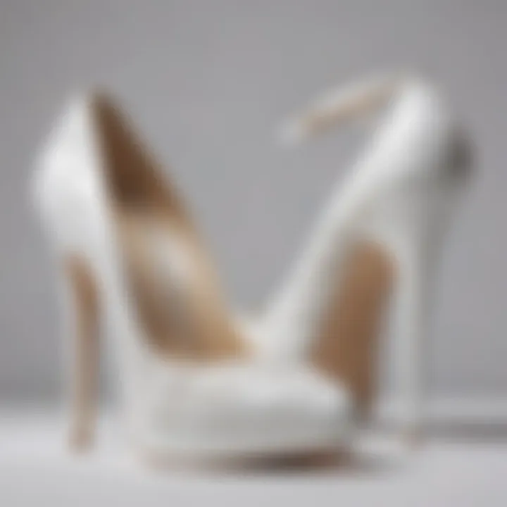 Close-up of white heels showcasing intricate design and texture.