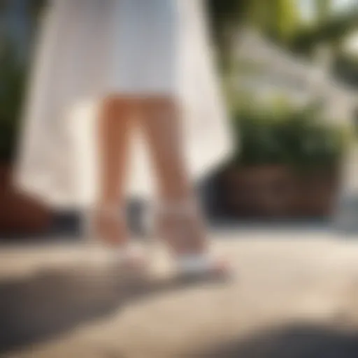 Elegant white heels paired with a summer dress on a sunlit terrace.