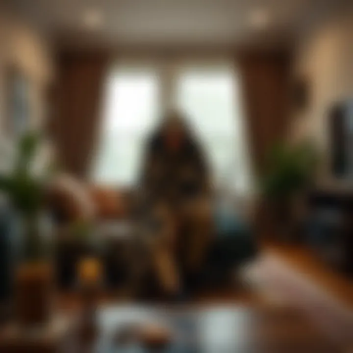 A cozy living room featuring a person in a blanket hoodie