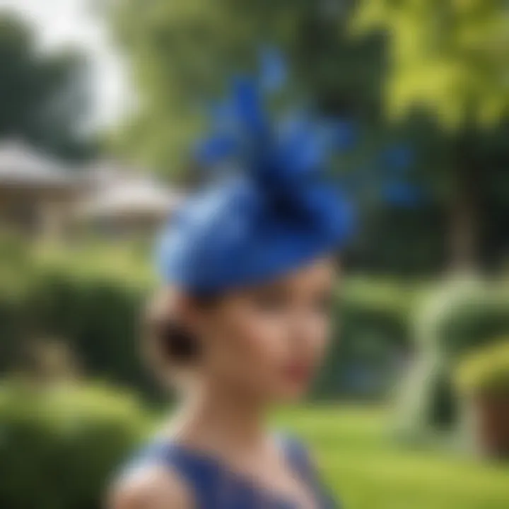 A stylish model showcasing a royal blue fascinator in a garden party setting.