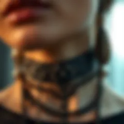 A close-up of a black tattoo choker adorned with intricate designs
