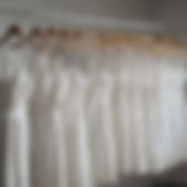 Different styles of all white club dresses displayed on hangers.