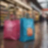 Stylish waterproof reusable shopping bags displayed in a market setting